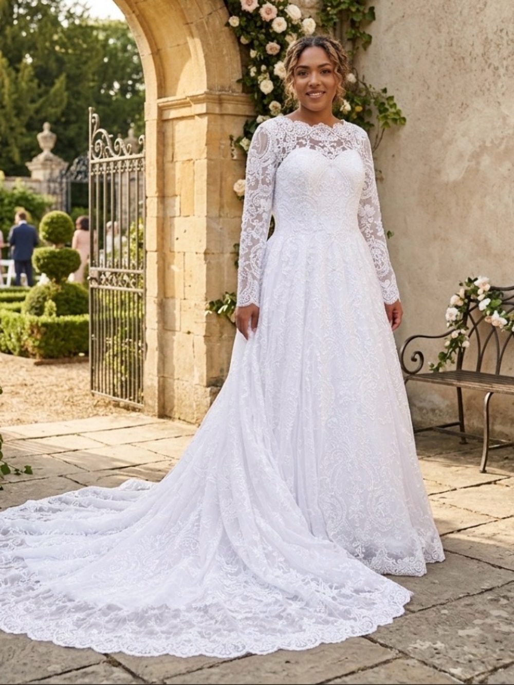 NWT Oleg Cassini Long Sleeve Lace Wedding Dress 14 SLCWG780 Modest Royal Gown
